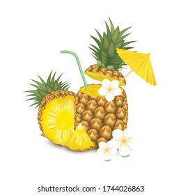 Pineapple Cocktail Garnished, White Flower, Green Straw Tubes And Yellow Umbrella Isolated On Background. Vector Illustration