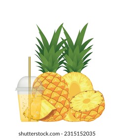 pineapple cocktail in a glass with straws. pineapple juice in a glass next to a cut pineapple