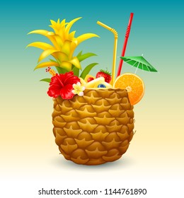 Pineapple cocktail in the half part of pineapple, garnished with tropical flowers, orange slice, straw tubes and small green umbrella. Vector illustration.