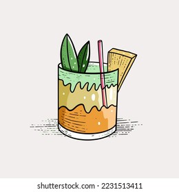 Pineapple cocktail hand drawn colored vector illustration for menu bar and poster.