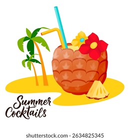 Pineapple cocktail and palms on sand beach. Vector flat cartoon illustration, isolated on white background. Concept for beach bar label, logo. Summer party banner, poster, drinks menu design elements