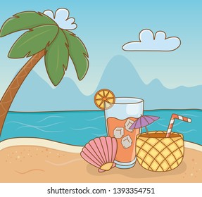 pineapple cocktail and set items beach scene