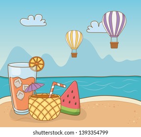 pineapple cocktail and set items beach scene
