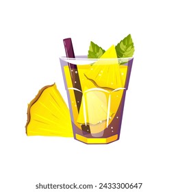 Pineapple cocktail. Summer refreshing drink, lemonade with pineapple and mint. Vector illustration.