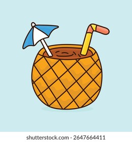 Pineapple Cocktail with Umbrella and Straw
