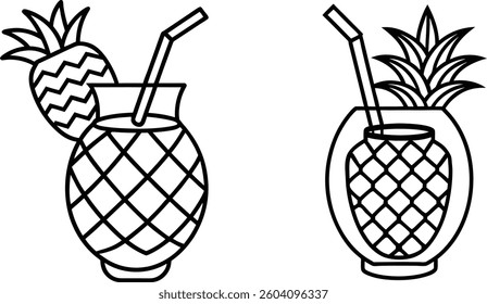 Pineapple Cocktail Vector Set - Tropical Drink Line Art Icons