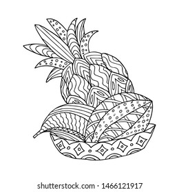 Pineapple, coconut and bananas in dish. Doodle coloring page. Vector illustration.
