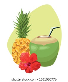 pineapple and coconut drink and tropical flower over white background, colorful design , vector illustration