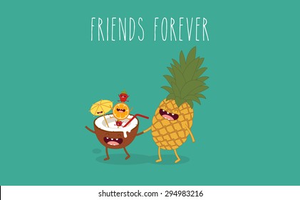 Pineapple with coconut friend forever. Comic characters. Vector cartoon. Use for card, poster, banner, web design and print on t-shirt. Easy to edit. Vector illustration.