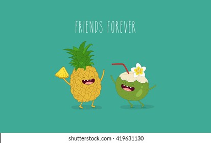 Pineapple and coconut. Funny tropical fruits. Friend forever. You can use in the menu, in the shop, in the bar, the card or stickers.