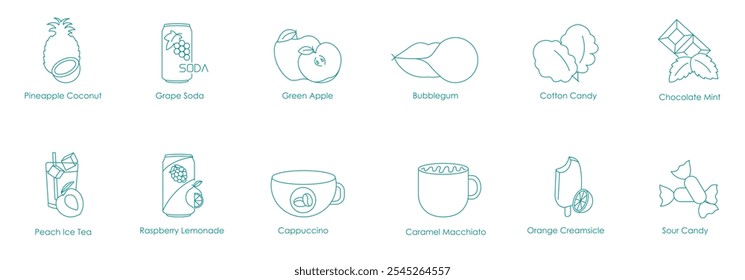 Abacaxi Coco, Soda De Uva, Maçã Verde, Bubble Gum, Algodão Doce, Menta De Chocolate, Peach Ice Tea, Framboesa Limonada, Capuccino, Caramelo Macchiato, Laranja Creamsicle, Então Doce Vape Icon Set 