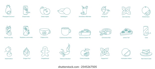 Pineapple Coconut, Grape Soda, Green Apple, Bubble Gum, Strawberry Milkshake, Mango Ice, Mint Menthol, Watermelon, Peach Iced Tea, Raspberry Lemonade, Cappuccino, Caramel Macchiato vector icons