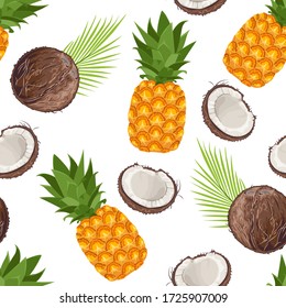 Pineapple and coconut seamless pattern. Tropical fruits and green palm leaves isolated on white. Food background. Vector illustration in cartoon flat style.