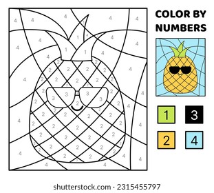 Pineapple. Color by number. Squishmallow. Coloring page. Game for kids. Kawaii, cartoon, vector. Isolated vector illustration eps 10