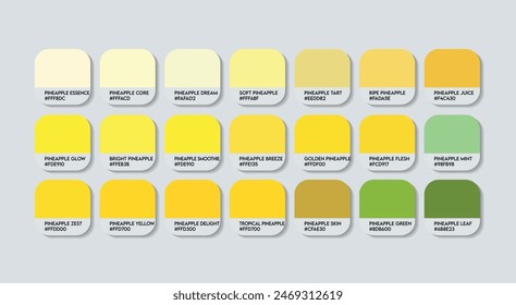 Pineapple Color Guide Palette with Color Names. Catalog Samples are Pineapple with RGB HEX codes and Names. Pineapples Color Palette Vector, Wood and Plastic Pineapple Fashion Color Palette Vector.