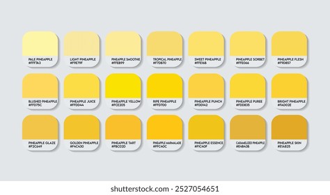 Paleta de cores de abacaxi, Paleta de guias de cores de abacaxi com nomes de cores. Catálogo Amostras de Amarelo com códigos RGB HEX. pintura, variações naturais de abacaxi, e um tom de cor amarelo de tendência de moda tons