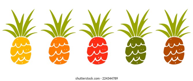 Pineapple colorful cartoon hand drawn set isolated on a white background. Icon. Art logo design