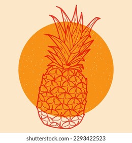  Pineapple. Colorful cute screen printing effect. Riso print effect. Vector illustration. Graphic element  for fabric, textile, clothing, wrapping paper, wallpaper, poster. 