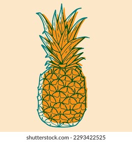  Pineapple. Colorful cute screen printing effect. Riso print effect. Vector illustration. Graphic element  for fabric, textile, clothing, wrapping paper, wallpaper, poster. 