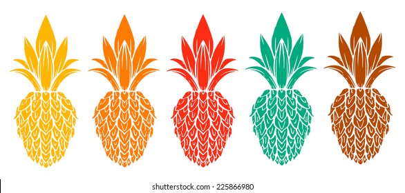 Pineapple colorful hand drawn set isolated on a white background. Icon. Art logo design