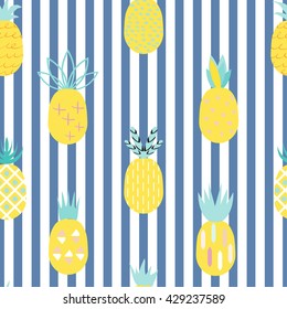 Pineapple colorful seamless pattern with blue stripes. Summer creative background. Ideal for fabric, paper print and backdrop.