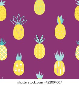 Pineapple colorful seamless pattern. Retro 80s- 90s fruit background. Ideal for fabric design, paper print and web backdrop.