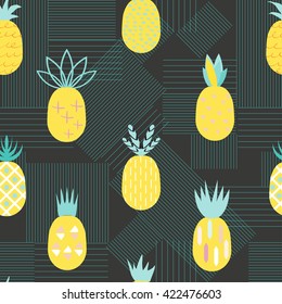 Pineapple colorful seamless pattern.  Retro vintage 80s- 90s  fruit background. Ideal for fabric design, paper print and web backdrop.