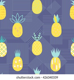 Pineapple colorful seamless pattern. Summer background.  Ideal for fabric design, paper print and web backdrop.