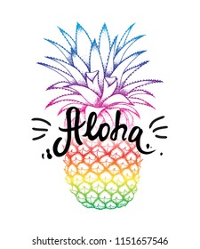 Pineapple colorful sketch isolated on white background. Aloha hand lettering, Hawaiian language greeting typography. Vector illustration for wallpaper, textile, fashion banners, cards, posters.