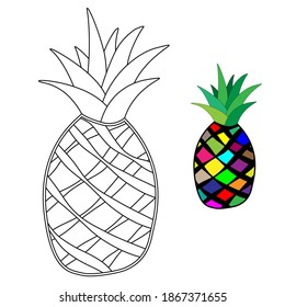 Pineapple for coloring, fruit on a white background, stylized, hand-drawn, black line on white background, print for coloring book,use for coloring with watercolors, gouache, markers or pencils