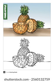 Pineapple Coloring Sheet for children. Vector illustration of colored pineapple and black and white line art for practice.