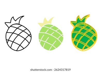 Abacaxi coloração simples ícone de linha de doodle conjunto de vetor, desenho de abacaxi doodle colorir ícone de linha conjunto de vetor, abacaxi doodle ícone de linha simples conjunto de vetor 