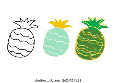 Pineapple coloring simple doodle line icon vector set, pineapple drawing doodle coloring line icon vector set, pineapple doodle simple line icon vector set 
