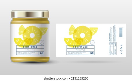 Pineapple confiture. Sweet jam. Transparent slices, halves and cut fruits. Label and packaging simple design.