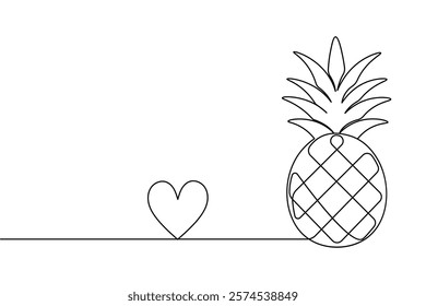 Pineapple continuous one line drawing and minimalist style isolate outline vector illustration