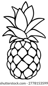 Pineapple. Contour drawing of a pineapple fruit isolated on a white background. Black and white vector illustration. Hand-drawn illustration, not AI