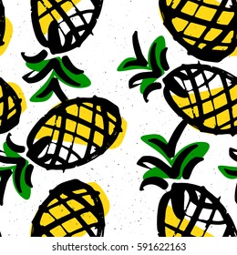 Pineapple contrast hand drawn ink pattern. Colorful yellow fruits with black stroke ink on white background. Perfect for textile or wrapping paper design. Fresh and funny.