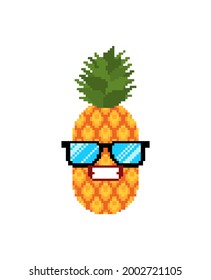 Pineapple cool with glasses pixel art. 8 bit vector illustration