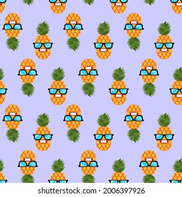 Pineapple cool with glasses pixel art pattern seamless. 8 bit background