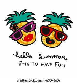 Pineapple couple hello summer cartoon vector illustration