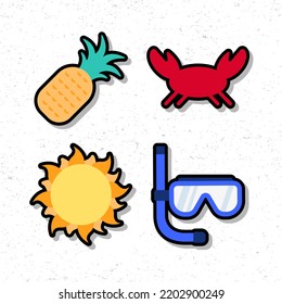 Pineapple, crab, sun, diving goggles travel icon isolated in white background. Flat vector holiday supplies illustration. Suitable for icons, stickers and poster backgrounds.
