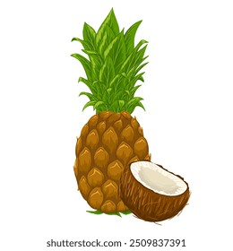 Pineapple and cracked coconut vector composition. Hand drawn cartoon illustration. Tropical print design for menu, summer party, stickers, beauty products, food on white background