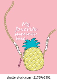 Pineapple Crossbody bag with chains. Print for girls t shirt. Vector illustration.