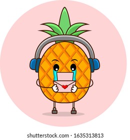 a pineapple is crying reading a love letter while listening to a sad song