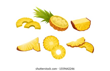 Pineapple Cut In Different Shapes. Mashed Fruit Vector Illustration Set Isolated On White Background