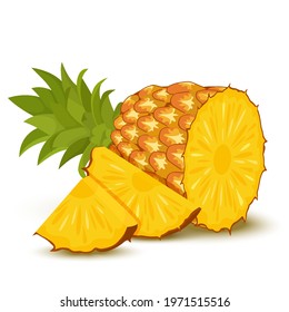 Рineapple. Pineapple in a cut, half a pineapple with slices isolated on white background. Juicy yellow fruits with slices and leaf, flat style