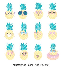 Pineapple cute characters set for summer tropical stickers. Vector illustration
