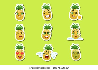 Pineapple Cute Emoji Stickers Set On Green Background