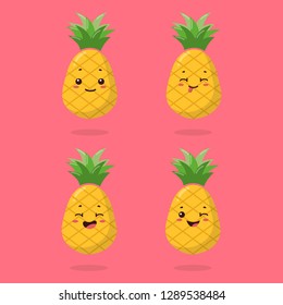 Pineapple. Cute fruit kawaii vector character set. Can be used for wrapping paper, cards, albums, scrapbooking
