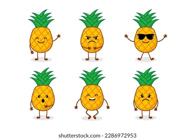 Pineapple cute fruit kawaii vector character colection